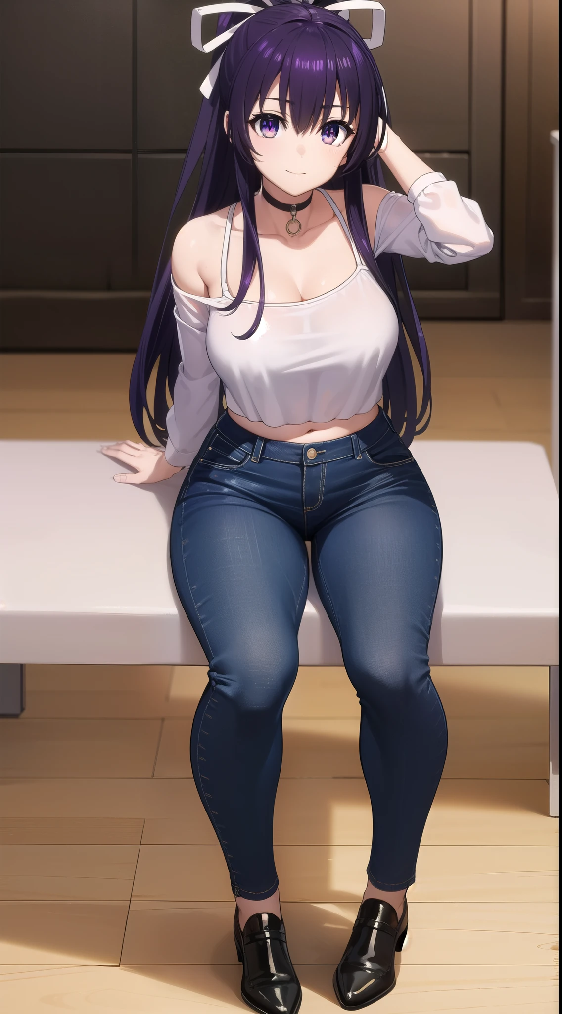 tohkayatogami, tohka yatogami casual, long hair, purple hair, alluringly smile, tight crop top, thin fabric,see through shirt, cold shoulder ,white top, long sleeves, v neck, fabric choker, short pants, short jeans , torn jeans, tight jeans (purple eyes:1.1), hair ribbon, ponytail, purple hair, white ribbon,g cup breasts, undergarments, plump butt , low heels 
BREAK ,
BREAK indoors, office, alone, sitting, sitting on table , low heels, white ribbon 
BREAK safe for work, looking at viewer, beautiful poses, hand on head, confident, full body view, head to toe view, create bit distance , 
BREAK (masterpiece:1.2), best quality, high resolution, unity 8k wallpaper, (illustration:0.8), (beautiful detailed eyes:1.6), extremely detailed face, perfect lighting, extremely detailed CG, darker background, (perfect hands, perfect anatomy),