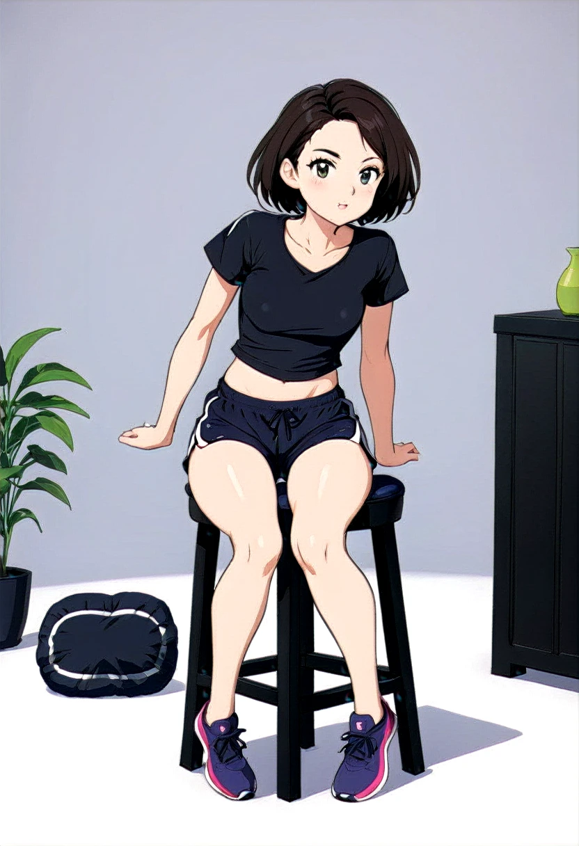 a girl sitting on black stool cushion, in running shorts, short shorts,