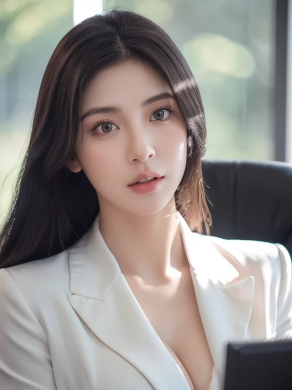 8k, masterpiece, RAW photo, best quality, photorealistic, extremely detailed CG unity 8k wallpaper, Depth of field, Cinematic Light, Lens Flare, Ray tracing, (extremely beautiful face, beautiful lips, beautiful eyes), intricate detail face, ((ultra detailed skin)) 1girl, in the dark, deep shadow, ((looking at viewer)), (blurry background), (pretty girl), clear eyes, extreme long shot, (pale skin), face forward, (big eyes), large breasts, (masterpiece, best)), (1girl), exciting face, wear the deep neck white suit, Full body, sit in the office with lots of document in background, boss.