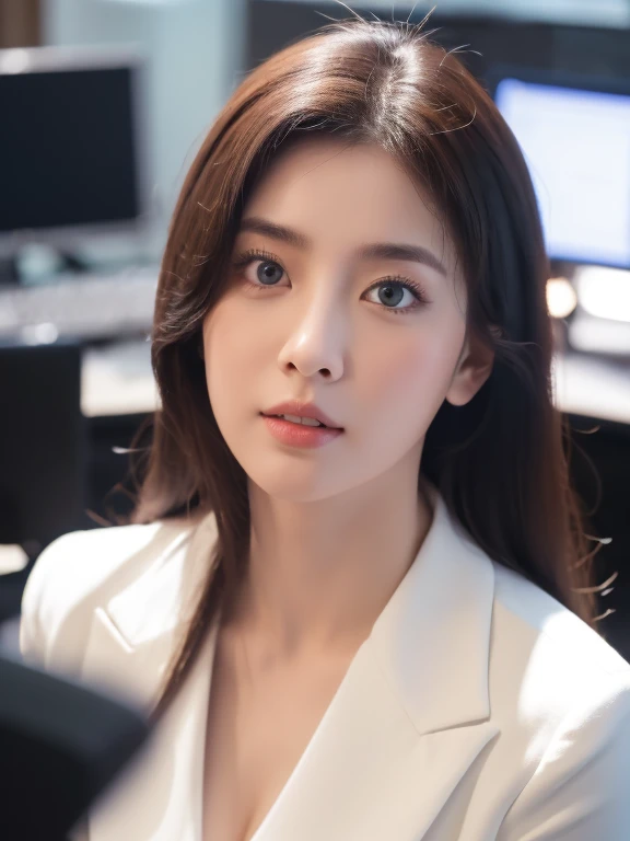 8k, masterpiece, RAW photo, best quality, photorealistic, extremely detailed CG unity 8k wallpaper, Depth of field, Cinematic Light, Lens Flare, Ray tracing, (extremely beautiful face, beautiful lips, beautiful eyes), intricate detail face, ((ultra detailed skin)) 1girl, in the dark, deep shadow, ((looking at viewer)), (blurry background), (pretty girl), clear eyes, extreme long shot, (pale skin), face forward, (big eyes), large breasts, (masterpiece, best)), (1girl), exciting face, wear the deep neck white suit, Full body, sit in the office with lots of document in background, boss.
