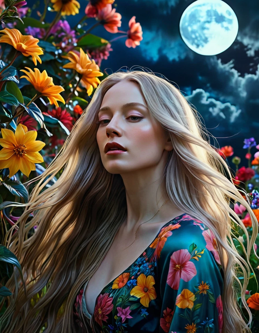 best quality, highres, ultra-detailed, realistic, pale-skinned woman with long flowing hair, elaborately painted with oil colors, posing gracefully in a surreal garden, surrounded by vibrant and colorful flowers and plants, with a dark and ominous sky overhead, perfectly lit by the fading light from a full moon, capturing the fragile beauty of life and the inevitability of death