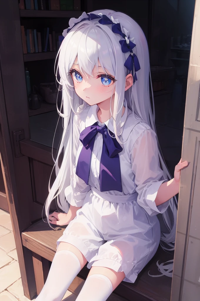 ((masterpiece, best quality))++, Detail lights+, detail hair+, Detail hand+ ,1 girl, Honey, long gray hair, dark blue eyes, beautiful eyes, Young gray hair,,(beautiful white hair:1.5),(beautiful eyes), high resolution+, black stockings , a white pajamas, Glass tones, Reflective eyeanyery detail wallpaper, The original, ,Headband ,Nature,