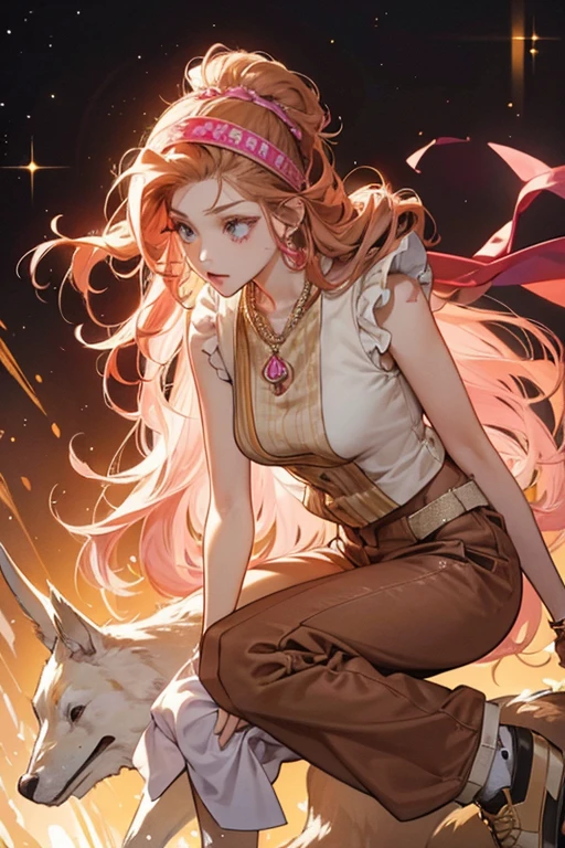 She is a tall humanoid, with pink skin, long curly hair. she wears a reddish-brown vest, brown pants, and white shoes. She wears a bone-shaped necklace. She retains her multi-color headband. SPARKLE; GLITTER