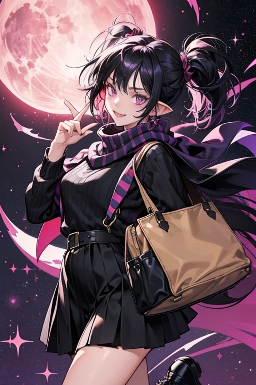 Her hair is short, black, and messy, her skin is purple, she has pointed ears, and she has vampire like fangs. She wears a reddish-pinkish striped scarf, a black baggy sweater, a dark purple long skirt, black shoes, and a blue book bag. SPARKLE; GLITTER