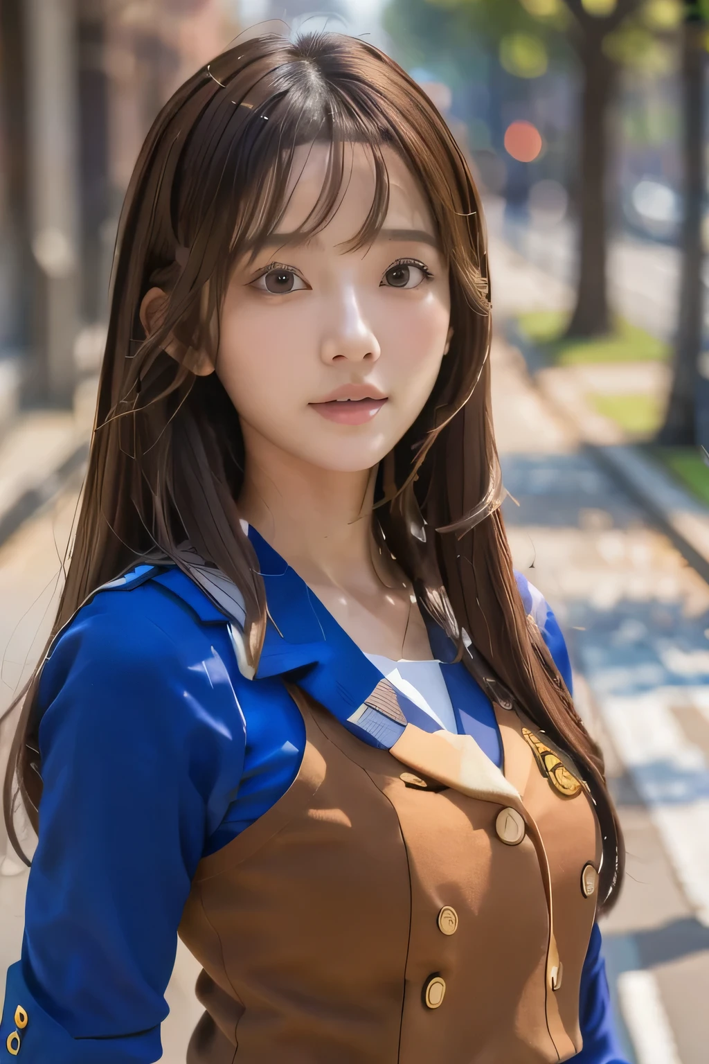 masterpiece, highest quality, Photoreal, Super detailed, finely, High resolution, 8k wallpaper, Professional, Advanced level of detail, ((One female college student:1.2)), slender Japanese woman,, detailed clavicle, Medium chest、perfect face, (Front facing:1.2)、medium long hair, chestnut hair、(Blue Uniform:1.5)、(mini skirt:1.2)、cute face、(looking straight ahead:1.5)、(brown skin:1.5)、full body shot