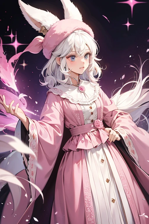 Alva is a short statured woman with curly white hair, stubble, and big ears. She wears a pink hat and robe and appears to be very old. PARKLE; GLITTER