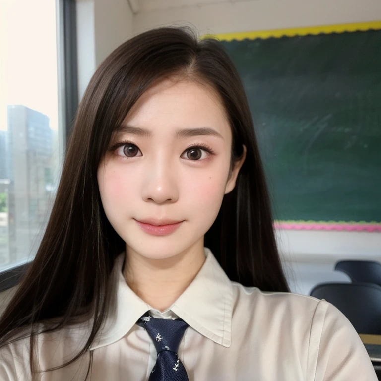 (kawaii 24 year-old Japanese girl, Nogizaka idol, Korean idol), (glossy black hair, high ponytail, center ponytail, single ponytail:1.3), (rounded face, single eyelid, no makeup, soft smiling:1.2), forehead, (wearing collared shirt, necktie:1.3), (well shaped extra small breasts), (looking at viewer:1.2), BREAK, (classroom background, standing by the window:1.3), (dynamic angle, face focus:1.3), BREAK, (masterpiece, best quality, photo realistic, official art:1.4), (UHD, 8K quality wallpaper, high resolution, raw photo, film grain:1.2), (shiny skin), professional lighting, physically based rendering, award winning, (perfect anatomy, highly detailed skin textures, extremely detailed face and eyes, well drawn glittering pupils), Carl Zeiss 85 mm F/1.4, depth of field, 1girl, solo,