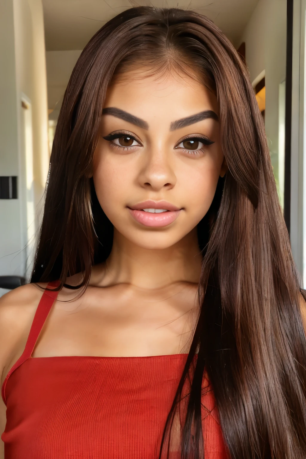 pretty latina girl, El Salvadoran, dark brown hair, very big eyes, natural, minimal makeup, beauty spot on face, dimples, brown eyes. long hair, earrings, LyraLaw