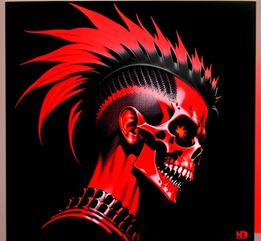 masterpiece, ultra detailed, best quality, uhd, 4k, 8k, duotone, portrait, 1man, scull, mohawk, open mouth, fangs, skeleton, neck, shoulders, side view, predator, "EXPLOITED" is written on top, "LET'S START A WAR..." is on bottom, illustration, (((red and black color palette))), simple black background, exploited let's start a war album, an album cover by Greg Staples, reddit, nuclear art, punk album cover, official artwork,