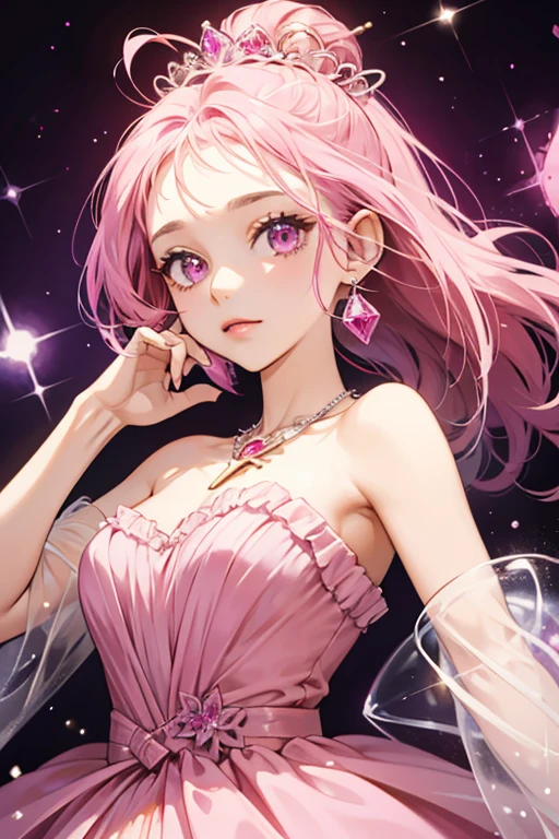 She is a pink crystal humanoid, with a bump on her head, a deep pink crystal gem on her bump. She has a bell-shaped crystal dress attached to her body, with various decorative details, some a deeper pink than others. She also has two other bumps on her head, hot pink with several little squares. She wore a necklace with a purple crystal key. SPARKLE; GLITTER