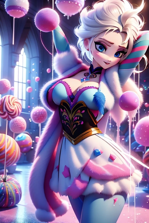 Une belle femelle,elsa, seductive candy hybrid, couvert de bonbons gluants et collants, cheveux bouclés afro rose barbe à papa, peau sombre, To L'INTERIOR D'une rivière remplie de bonbons gluants dans la salle du château de bonbons fantastiques, se déshabiller sur un poteau de danse, le poteau de danse est fait de bonbons rayés, porter des vêtements en bonbons, Fantasy theme, candy theme, Personnage Fiverr Dnd, rendu d'octane, Digital art, extreme detail, 4k, Ultra HD, Brillant, beau, hyperdetailed, Complexe, elaborate, meticulous, photorealistic, sharpness, WLOP, Conception de personnages, Unreal engine, Rendu 3D, Volumetric lighting, reflets, Brillant, Digital illustration, Pose, Pose suggestive, Obscene, photo de tout le corps, anatomiquement correct 💖❤💕💋❣