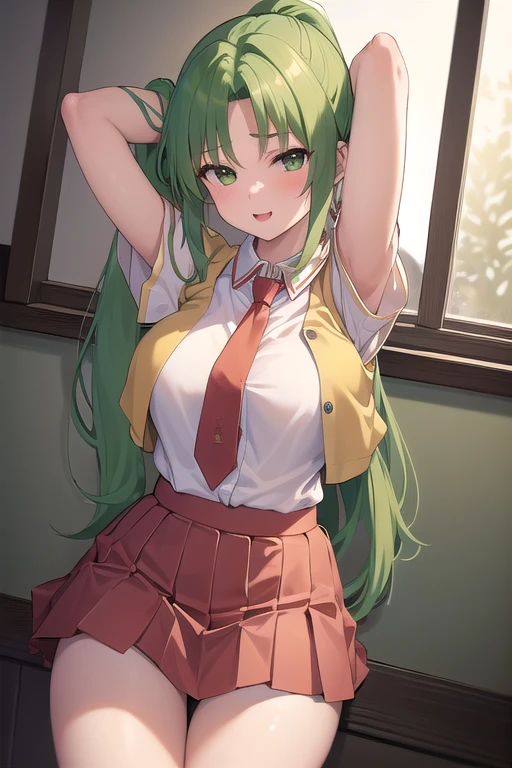 masterpiece, highest quality, Super detailed, 1 girl,  Mion Sonozaki, green hair, green eyes, ponytail, white shirt, red tie, yellow vest, red mini skirt,thighs、full body shot、((buckshot))