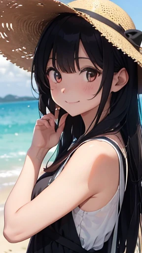 A dark-haired　(9 year old girl:1.5)　long shiny black hair　Aligned bangs　(flat boobs:1.5)　(small tits:1.5)　(White Bikini:1.5)　sand beach　Eversummer　(the beach:1.5)