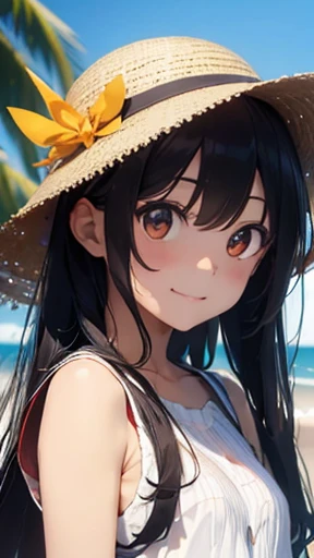 highest quality、realistic、Japanese、girl、whole body、look at the camera、cute、orange eyes、long hair、black hair、all back、Forehead is coming out、Ocean、sleeveless dress、straw hat、sunburn、joy、smilingly