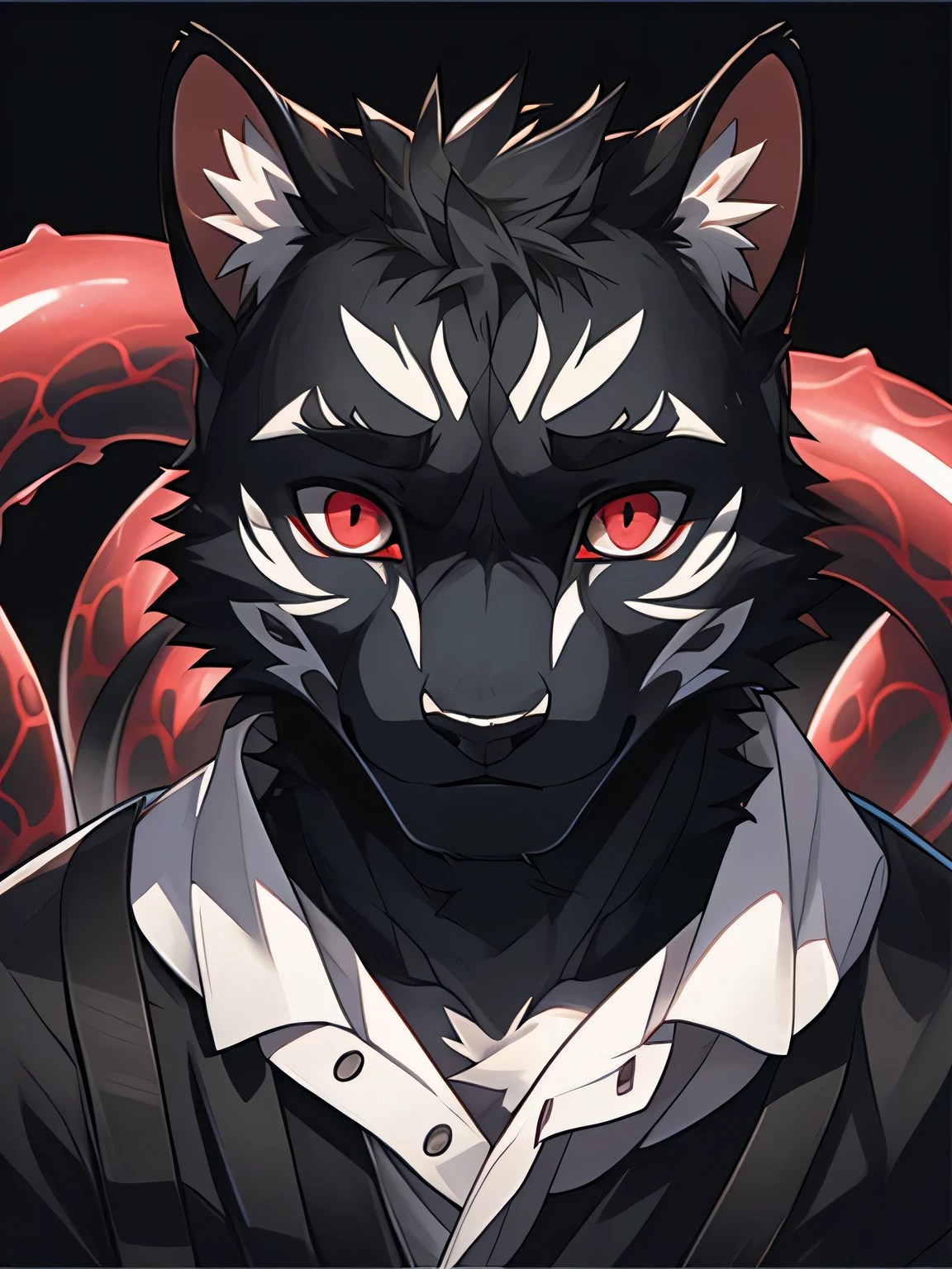 black cat,youth,Handsome,red pupils,Cai Xukun'High quality fan art,clear lines,black background,Black tentacles around,masterpiece,Draw only faces,Black shadow covers half of the face,slender figure,recent photo,Realistic eye details,Calm and silent expression,Severe contamination on the body,Mud all over the body,