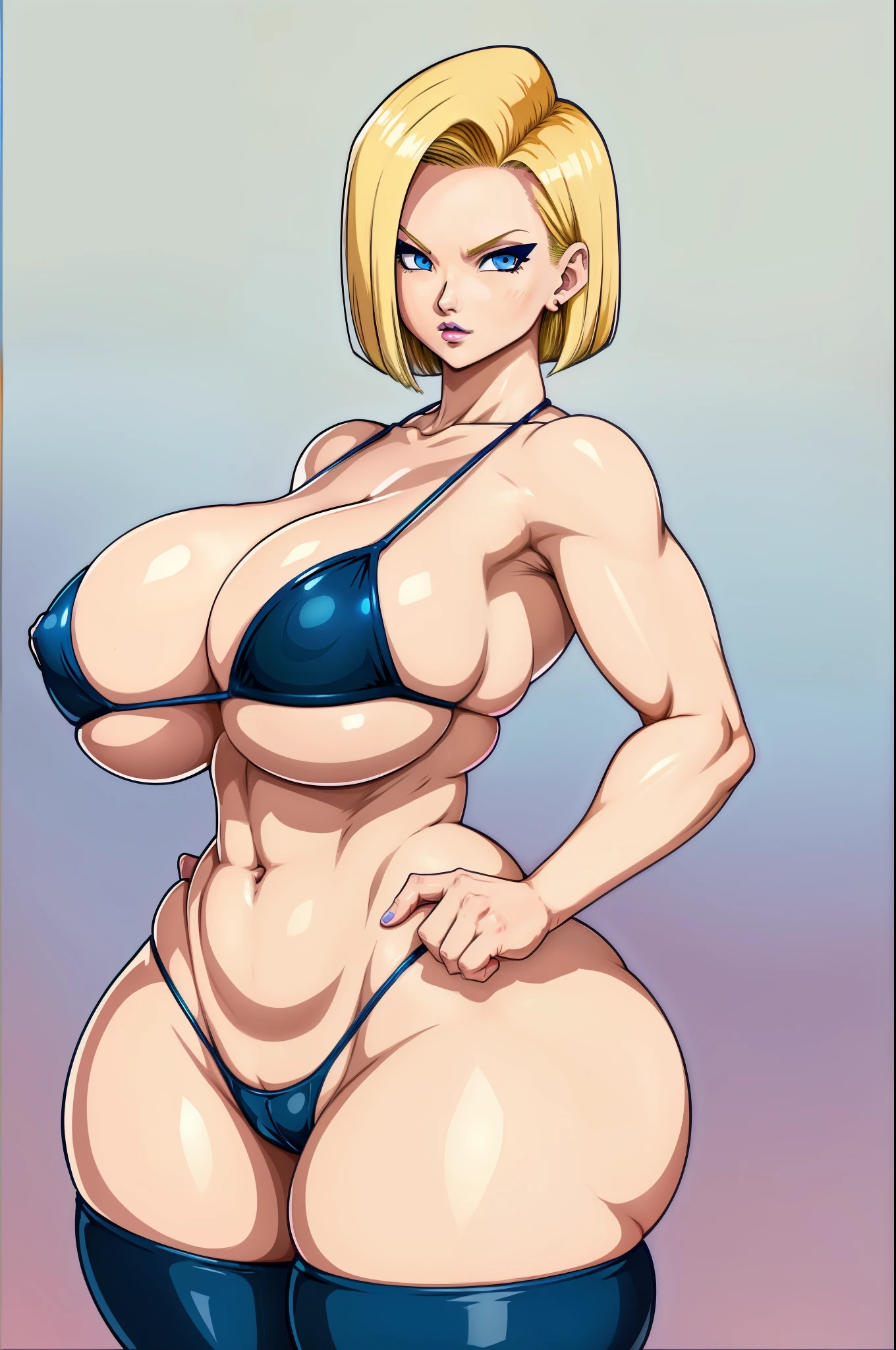 Dragon Ball, Android 18, 1girl, ((bimbo))), short blond hair, blue eyes, puffy lips, painted lips, thick lips, wide , thick thighs, enormous round fake , huge round Bella bellz , shiny skin, high waist , 