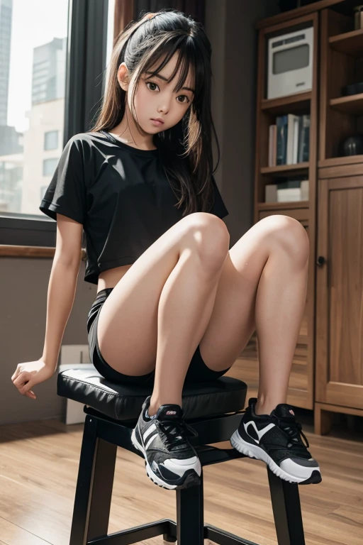 a girl sitting on black stool cushion, in running shorts, short shorts,
