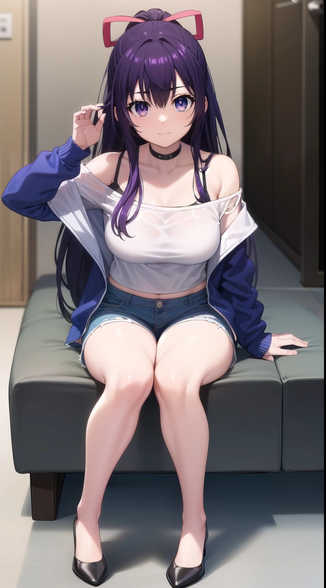 tohkayatogami, tohka yatogami casual, long hair, purple hair, alluringly smile, tight crop top, thin fabric,see through shirt, cold shoulder ,white top, long sleeves, v neck, fabric choker, blue jacket, off shoulder jacket short pants, short jeans , torn jeans, tight jeans (purple eyes:1.1), hair ribbon, ponytail, purple hair, white ribbon,g cup breasts, undergarments, plump butt , low heels
BREAK ,
BREAK indoors, office, alone, sitting, sitting on table , low heels, white ribbon
BREAK safe for work, looking at viewer, beautiful poses, hand on head, confident, full body view, head to toe view, create bit distance ,
BREAK (masterpiece:1.2), best quality, high resolution, unity 8k wallpaper, (illustration:0.8), (beautiful detailed eyes:1.6), extremely detailed face, perfect lighting, extremely detailed CG, darker background, (perfect hands, perfect anatomy),