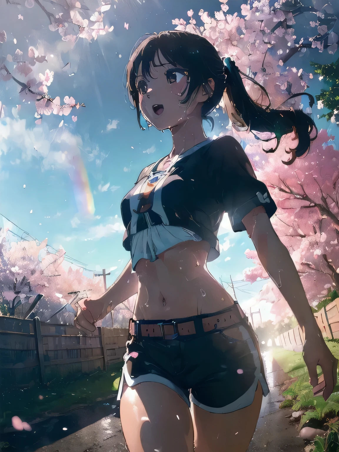 ((absurdres:1.5)), (anatomically correct), (white crop top), (green low rise shorts), (raw photo:1.2), (photorealistic:1.4), 1 cute girl, ultimate quality, masterpiece, extremely detailed CG unity 8k wallpaper, ultra-detailed, detailed puffy eyes and face, brown shiny eyes, (spotlight, perfect lighting, detailed light, dramatic shadow, ray tracing), ((cowboy shot)), (brown low ponytail), (((body dripping with sweat))), gross thick lips, high saturation, mega breasts, (((running away)), slender, ((:d)), digital painting, (fisheye), low angle from oblique, blurring cherry blossom scenery background, looking away, windy, revealing clothes, rainbow effect, vulgar, immoral, (),  teenager