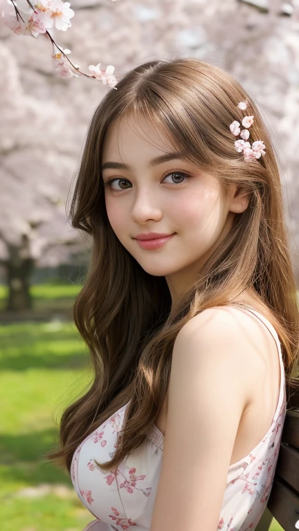 A girl sitting quietly on a park bench, Soak up the peaceful atmosphere, Captured in ultra-detail, oil painting style image. She is very beautiful, highly detailed eyes, Luscious lashes, stare quietly into the distance, Reflects a calm and contented expression. Her plump breasts, perfectly formed lips, incredibly detailed, Gently curve into a small smile. Complex texture, The long curls of her hair flow around her shoulders、Flows down the back, Surrounding Japanese cherry blossoms and soft wood々blends into。, HDR lighting. The scene is filled with faint things, The soothing sounds of birds chirping nearby、