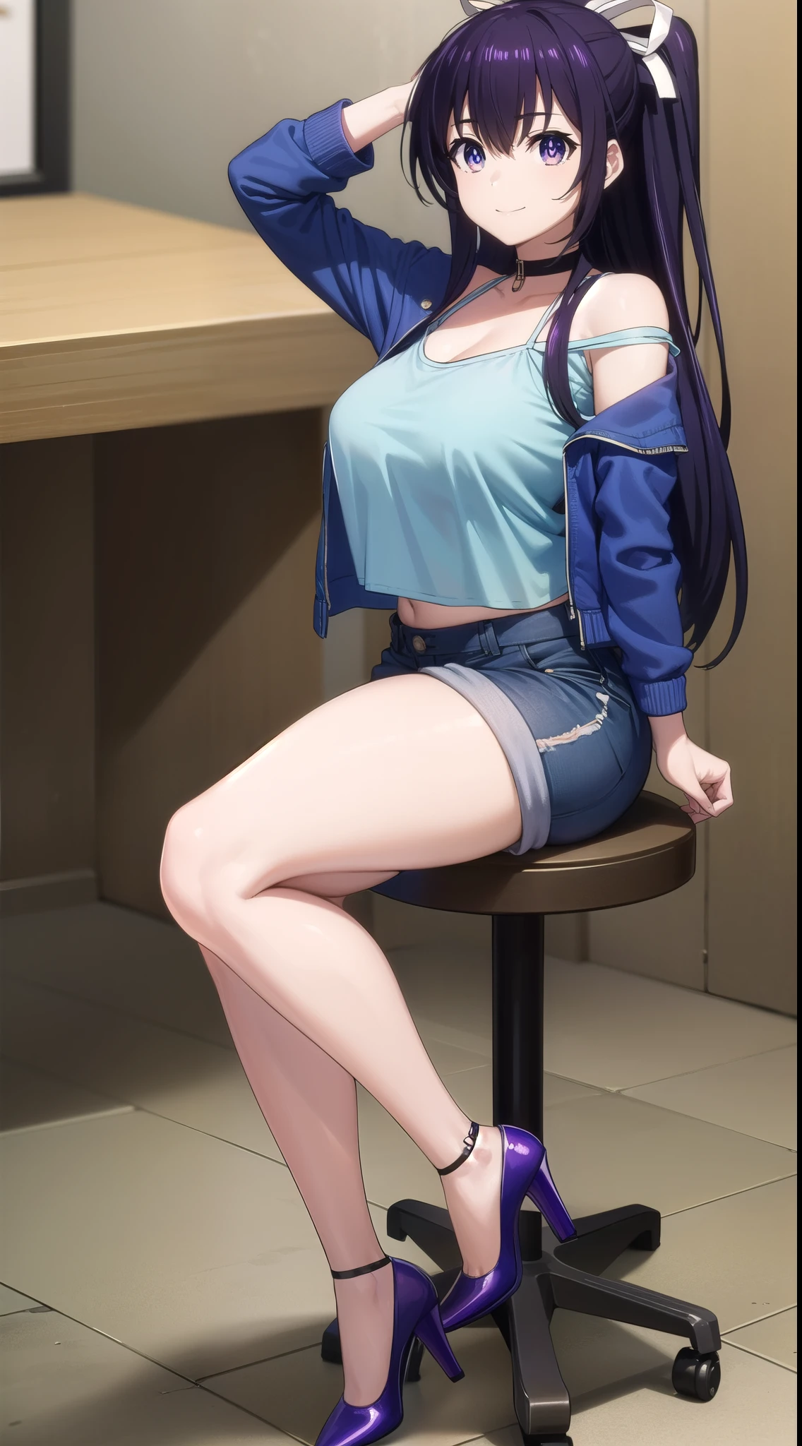 tohkayatogami, tohka yatogami casual, long hair, purple hair, alluringly smile, tight crop top, thin fabric,see through shirt, cold shoulder ,white top, long sleeves, v neck, fabric choker, blue jacket, off shoulder jacket short pants, short jeans , torn jeans, tight jeans (purple eyes:1.1), hair ribbon, ponytail, purple hair, white ribbon,g cup breasts, undergarments, plump butt , low heels
BREAK ,
BREAK indoors, office, alone, sitting, sitting on table , low heels, white ribbon
BREAK safe for work, looking at viewer, beautiful poses, hand on head, confident, full body view, head to toe view, create bit distance ,
BREAK (masterpiece:1.2), best quality, high resolution, unity 8k wallpaper, (illustration:0.8), (beautiful detailed eyes:1.6), extremely detailed face, perfect lighting, extremely detailed CG, darker background, (perfect hands, perfect anatomy),