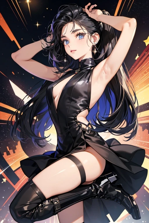 Anime black hair galaxy entity, she is dressed with an elegant black gown and wears a collar with a magic circle in it. She has long hair, she looks divine, huge ass, masterpiece, HD, Highres, Dirty socks. Foot focus