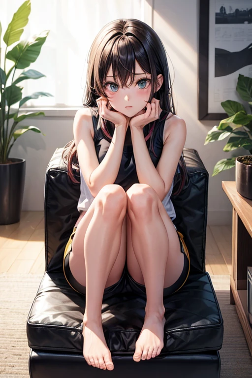 a girl sitting on black stool cushion, in running shorts, short shorts,
