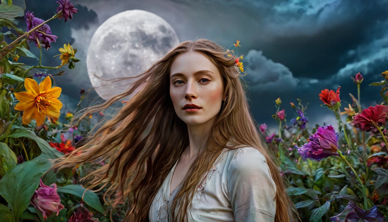 best quality, highres, ultra-detailed, realistic, pale-skinned woman with long flowing hair, elaborately painted with oil colors, posing gracefully in a surreal garden, surrounded by vibrant and colorful flowers and plants, with a dark and ominous sky overhead, perfectly lit by the fading light from a full moon, capturing the fragile beauty of life and the inevitability of death