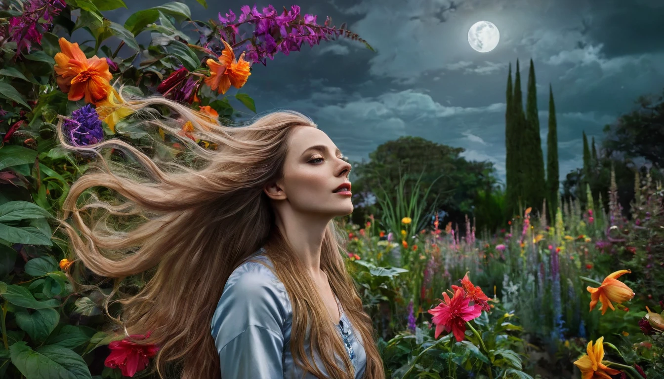 best quality, highres, ultra-detailed, realistic, pale-skinned woman with long flowing hair, elaborately painted with oil colors, posing gracefully in a surreal garden, surrounded by vibrant and colorful flowers and plants, with a dark and ominous sky overhead, perfectly lit by the fading light from a full moon, capturing the fragile beauty of life and the inevitability of death