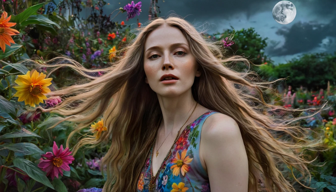 best quality, highres, ultra-detailed, realistic, pale-skinned woman with long flowing hair, elaborately painted with oil colors, posing gracefully in a surreal garden, surrounded by vibrant and colorful flowers and plants, with a dark and ominous sky overhead, perfectly lit by the fading light from a full moon, capturing the fragile beauty of life and the inevitability of death