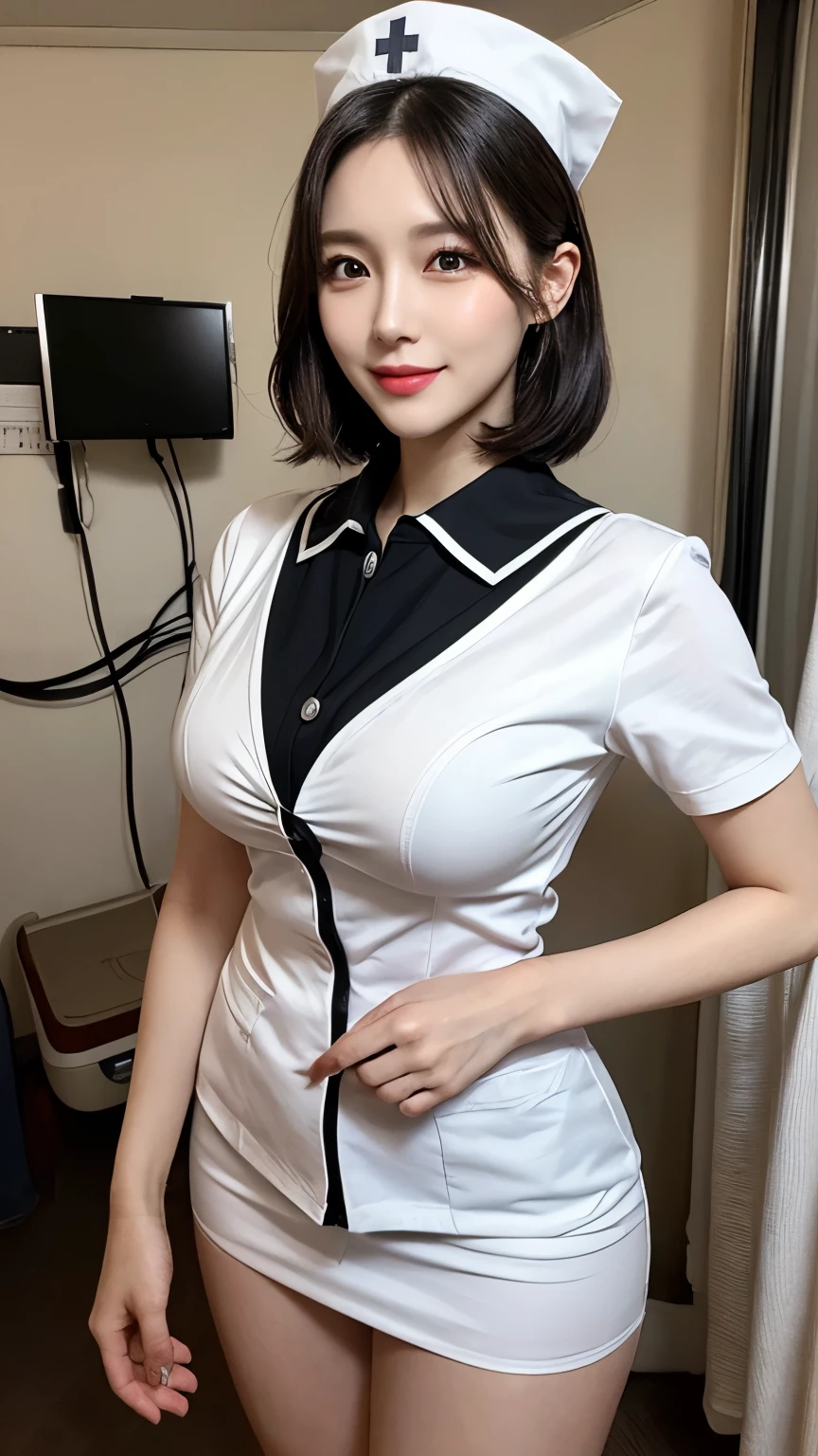 (1 Ultimate Beautiful Mature Nurse)、hyperdetailed face、Detailed lips、detailed eyes、double eyelids、((Black bob hair))、(nurse's uniform:1.3)、(Glamorous body)、(Huge breasts)、smile、thighs thighs thighs thighs, Perfect fit, Perfect image realism, Background with: (Hospital Patient Rooms:1.2), Cowboy Shot, Meticulous background with, detailed costume, Perfect litthing、Hyper-Realism、(Photorealsitic:1.4)、8K maximum resolution, (​masterpiece), highly detailed, Professional