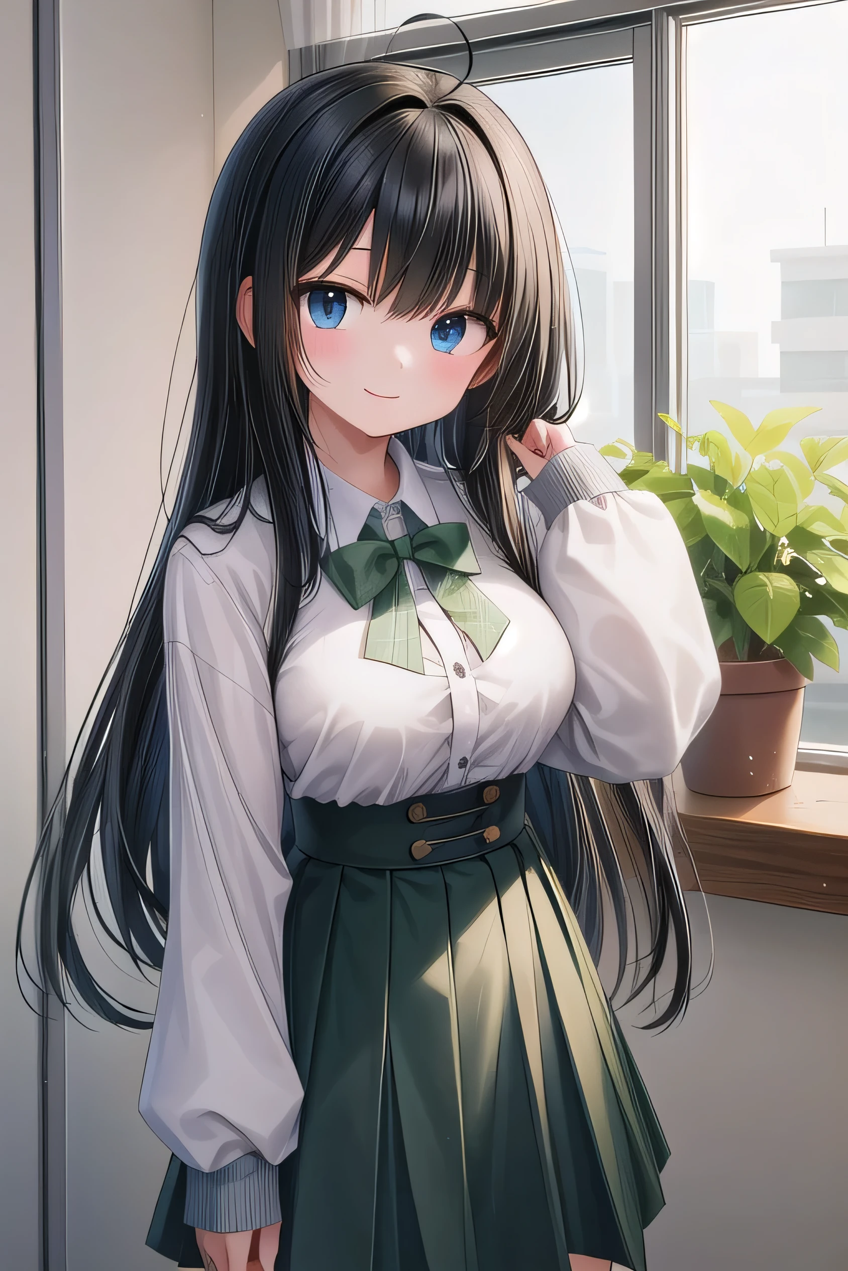 high schoolooks like an elementary school st short, 140cm tall, black hlight green tinge, short ahoge, beautiful long hair but with a little hair sticking out, beautiful round eyes, blue eyes, smile, boyish, long sleeves , thick clothes, skirt, big breasts, hair longer than waist, long hair, young face, dark greenish black hair, gentle smile, a little shy, skirt is black, hair is black but has a slight green tinge, boyish and gentle smile I have.