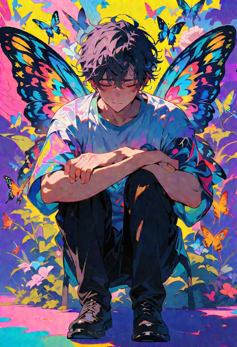 Colorful butterfly wings grow from behind a man,masterpiece,extremely high quality,The wings take up most of the picture.,Full body photo of boy,Dreamy colors,Boy hugging his knees