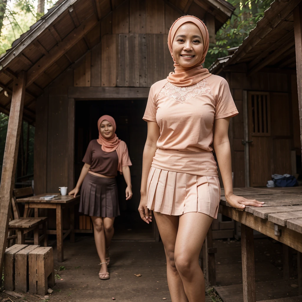 A 52 years old Indonesian woman in peach color hijab, wearing peach color lace tight t-shirt, wearing very short peach color pleated skirt, darker skin, curvier body, short body, smiling and standing in the old wooden cabin in a forest, look to the viewer with eye close