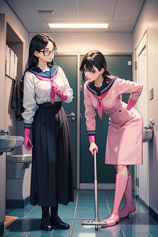 Two mature women with black hair and glasses wearing long sleeves and long skirts and navy blue sailor uniforms cleaning the school toilets while wearing pink rubber gloves and white rubber boots