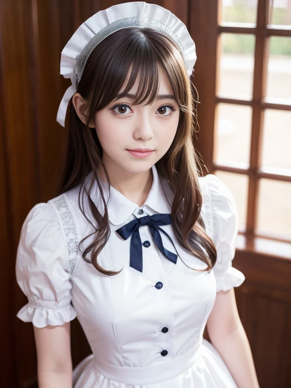 Idol Nogizaka46 AKB48 maid cosplay shiny hair, no makeup, masterpiece, realistic, highest quality, High resolution, shining eyes,Eyebrows apart 0.5, chuckle, 日本のIdol,