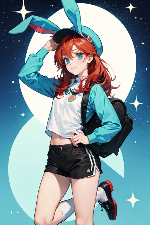 She is a red-haired human . As a cosplayer, she wears an outfit which mimics Fionna's, consisting of black shoes, white long socks, blue shorts, a blue shirt, a green backpack, and a white hat with bunny ears. SPARKLE; GLITTER