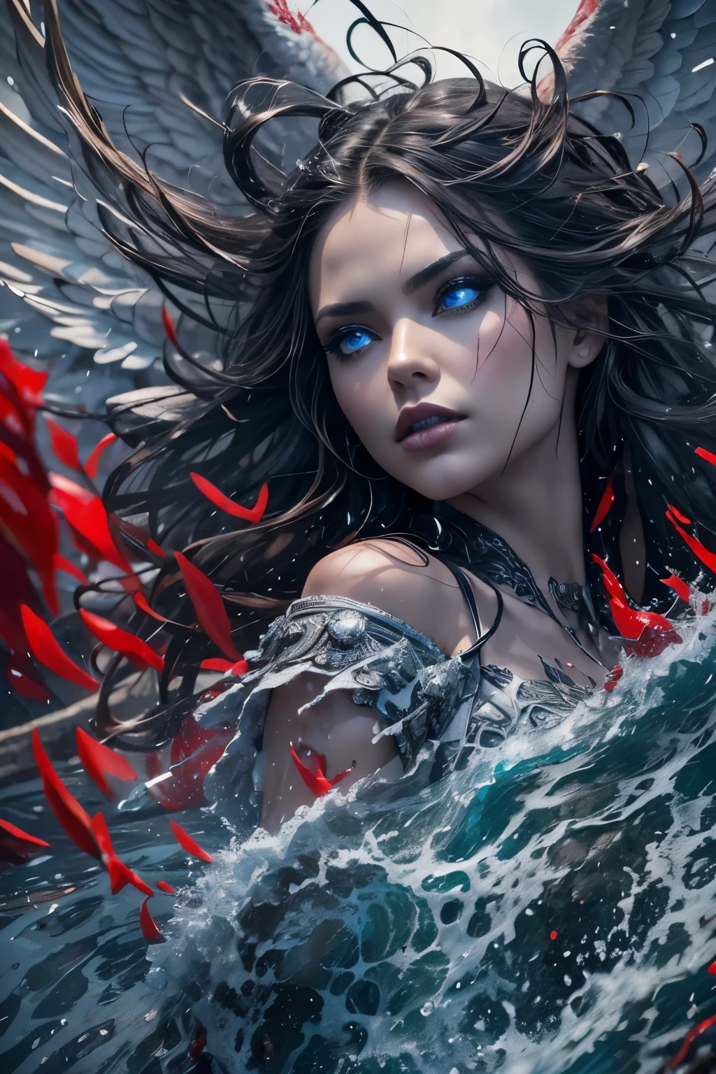 black and white and blue and red,(best quality, ultra-detailed, high resolution, extremely detailed cg),wide shot,dead angels stand on cliff edge,she is very beautiful,she like blood and sea,bloody rain, mystical,fanatic, intricate, surreal,delicate