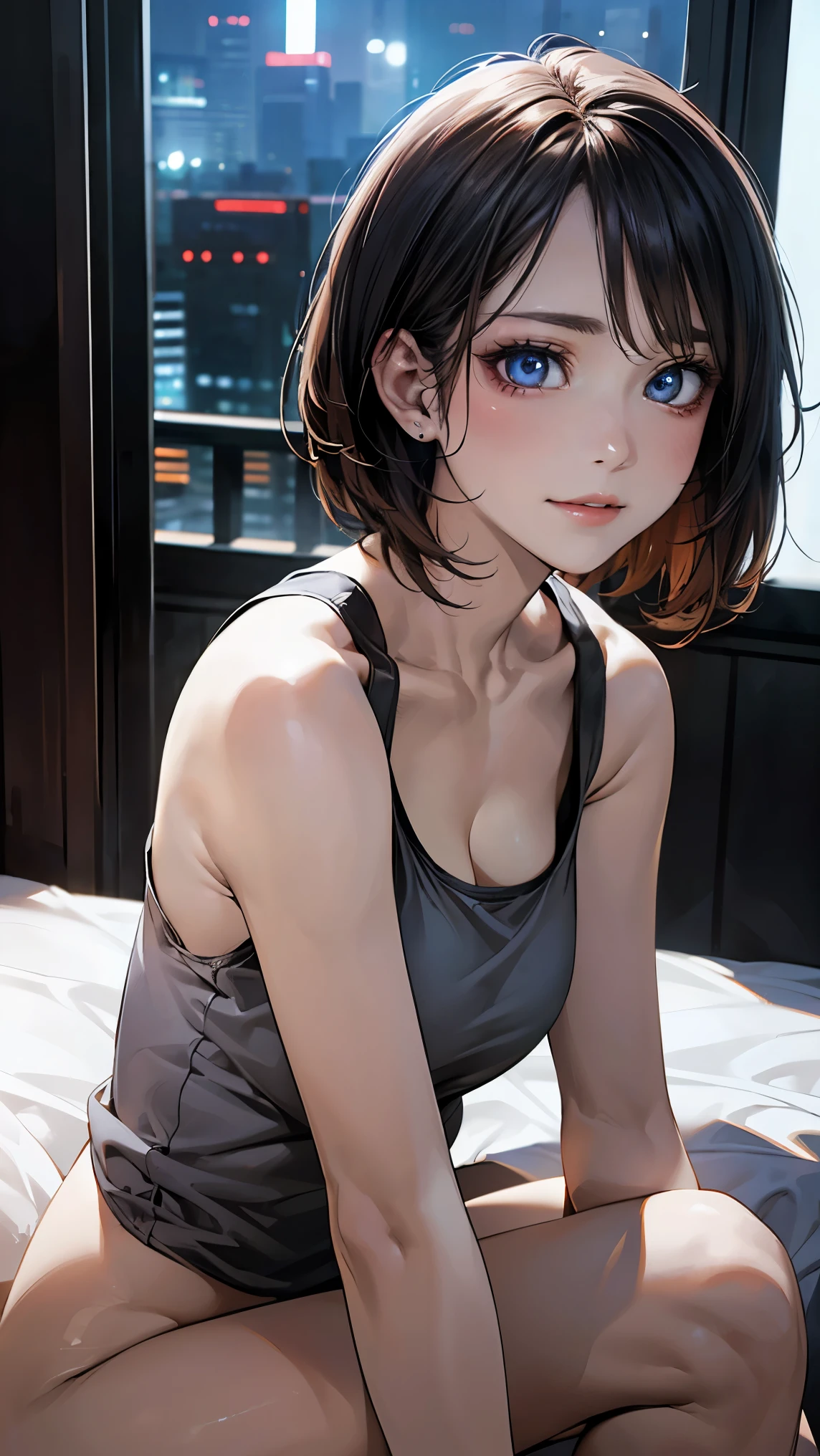 (masterpiece:1.2, highest quality), (realistic, photorealistic:1.4), beautiful illustrations, (natural side lighting, movie lighting), 
looking at the viewer, Upper body, (Front view), 1 girl, perfect face, Cute symmetrical face, shiny skin, , long eyelashes, (Extremely large breasts), (wide hips),short cut hair,
beautiful hair, beautiful face, fine and beautiful eyes, beautiful body, beautiful breasts, beautiful thighs, beautiful feet, beautiful fingers,
(beautiful scenery),(cute smile:1.3, upper grade), 24-year-old,pale skin,Bokeh,Sareme、((Beautiful woman wearing a gray tank top:1.3))、((NSFW))、Asymmetrical hair,、Lover's perspective、cleavage of the breast、a matural female、Very boyish and cool、Shaved head、Bedroom with cyberpunk night view、Clear light and dark、Great lighting、Small eyes、Black eyes、D-Cup Peak、high-angle、ighly detailed、spot light