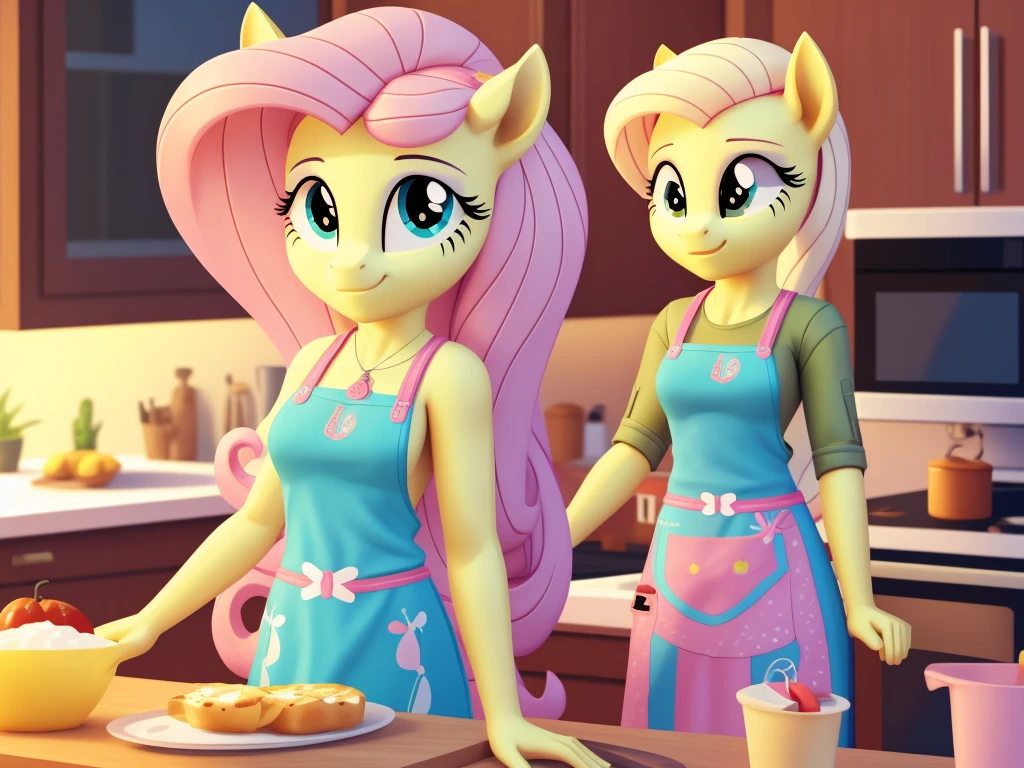 An anthropomorphic adult fluttershy wearing an apron standing at a counter in a kitchen, Not young、grown、pony close to adult woman、Low poly rendering by senior environment artist, Polycount trends, furry art, adorable digital paintings, cute 3d rendering, from overwatch, Super detailed rendering, cute detailed digital art, Highly detailed soft lighting, yellow pony, Stylized as a 3D rendering, Cute pony anime visuals