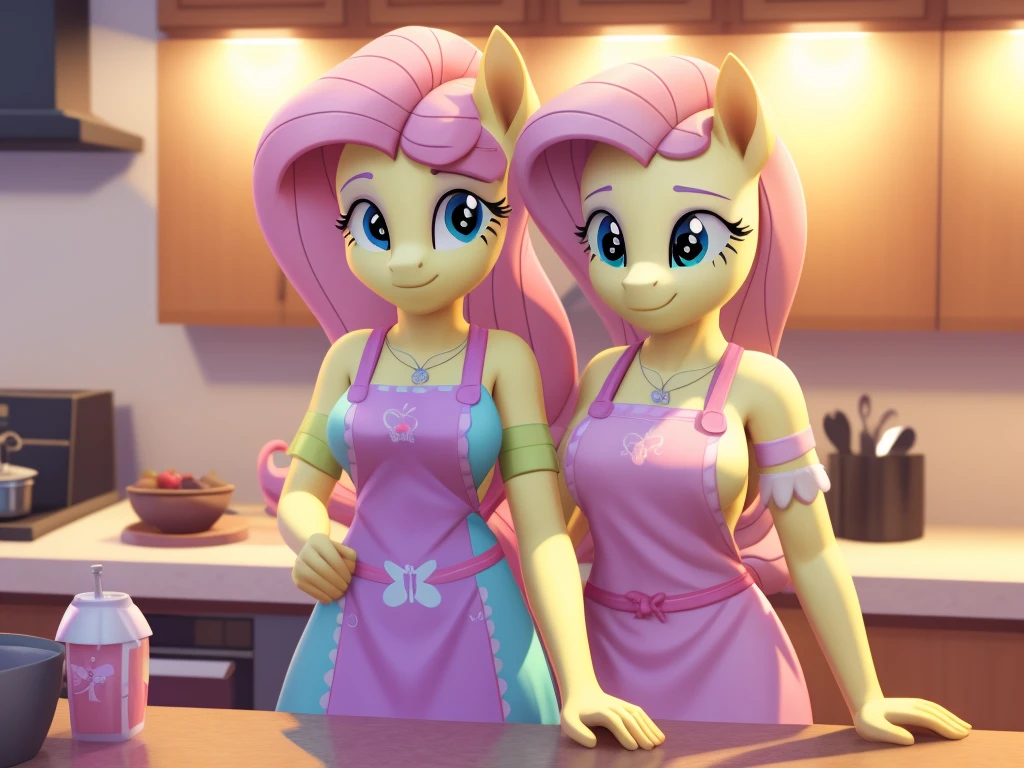 An anthropomorphic adult fluttershy wearing an apron standing at a counter in a kitchen, Not young、grown、pony close to adult woman、Low poly rendering by senior environment artist, Polycount trends, furry art, adorable digital paintings, cute 3d rendering, from overwatch, Super detailed rendering, cute detailed digital art, Highly detailed soft lighting, yellow pony, Stylized as a 3D rendering, Cute pony anime visuals