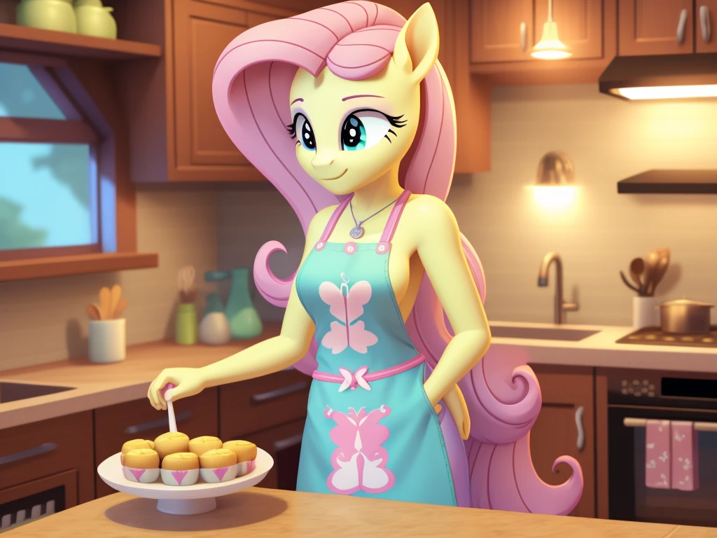 An anthropomorphic adult fluttershy wearing an apron standing at a counter in a kitchen, Not young、grown、pony close to adult woman、Low poly rendering by senior environment artist, Polycount trends, furry art, adorable digital paintings, cute 3d rendering, from overwatch, Super detailed rendering, cute detailed digital art, Highly detailed soft lighting, yellow pony, Stylized as a 3D rendering, Cute pony anime visuals