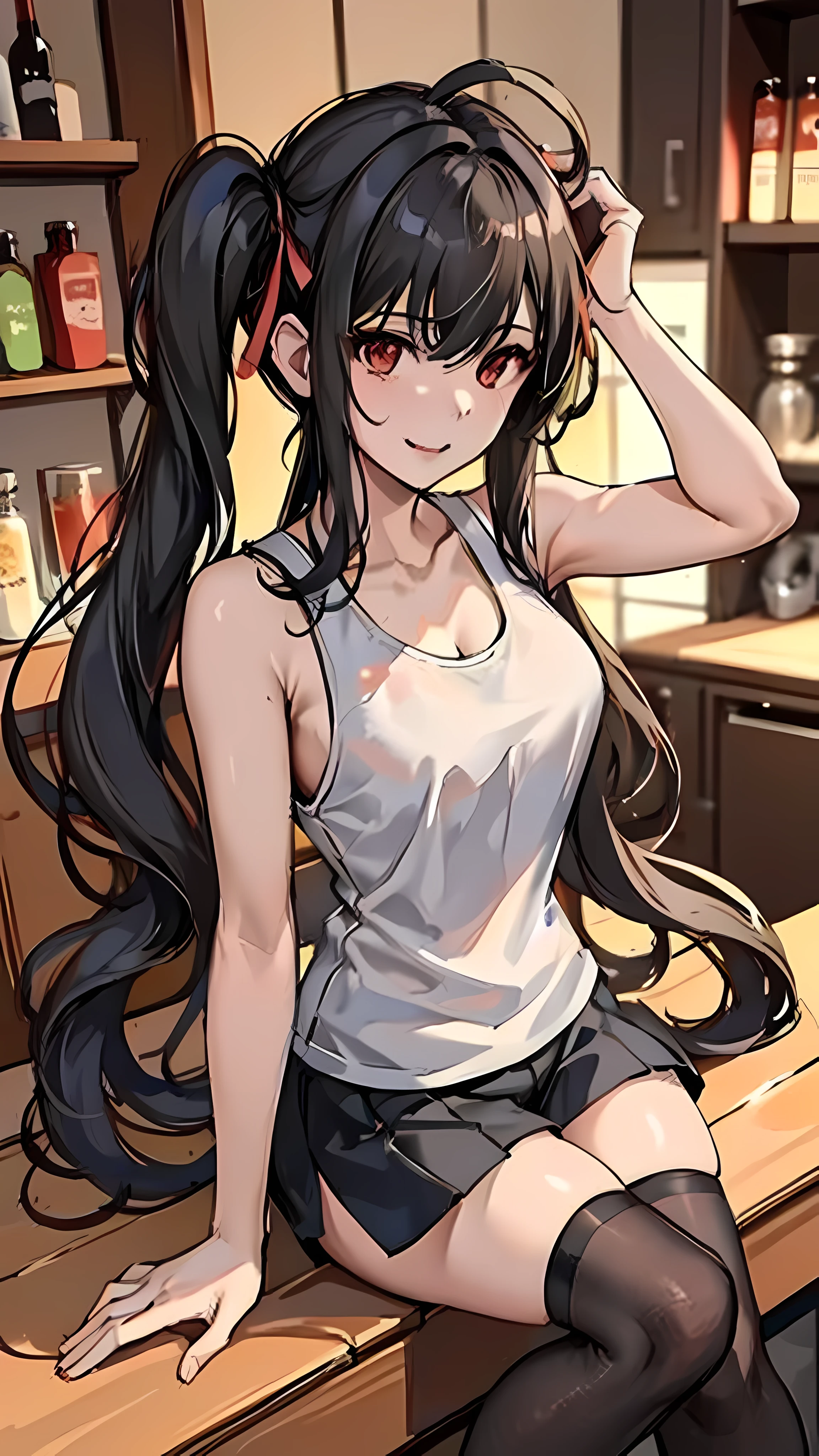 Masterpiece, high quality, 1girl, ((tokisaki kurumi)), long hair, (((low twintails))), ((big thigh)),tank top , smile, sexy body, sexy, looking at viewer, 