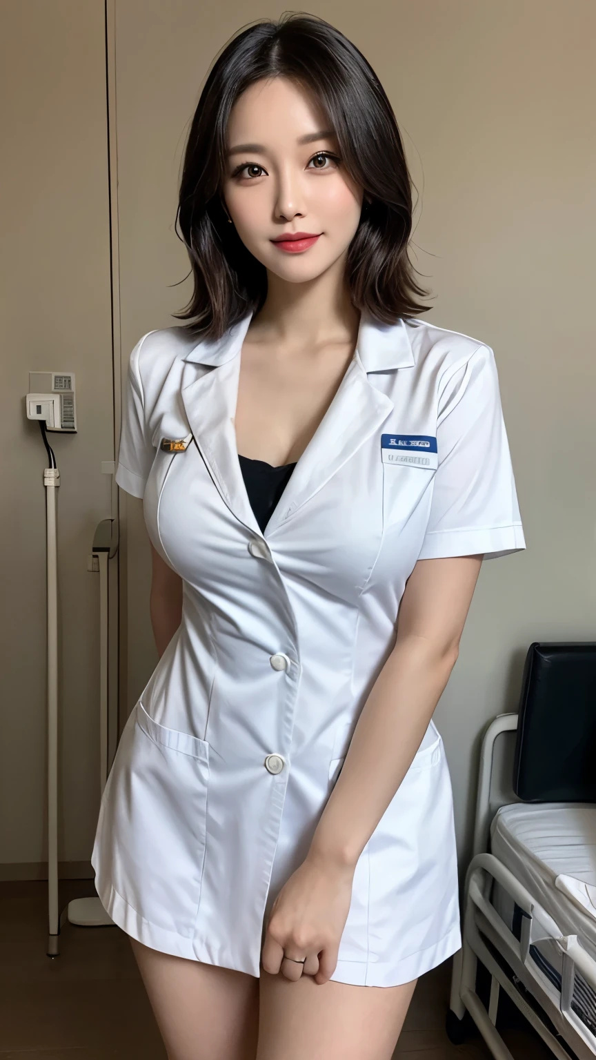 (1 Ultimate Beautiful Mature Nurse)、hyperdetailed face、Detailed lips、detailed eyes、double eyelids、((Black bob hair))、(nurse's uniform:1.3)、(Glamorous body)、(Huge breasts)、smile、thighs thighs thighs thighs, Perfect fit, Perfect image realism, Background with: (Hospital Patient Rooms:1.2), Cowboy Shot, Meticulous background with, detailed costume, Perfect litthing、Hyper-Realism、(Photorealsitic:1.4)、8K maximum resolution, (masterpiece), highly detailed, Professional