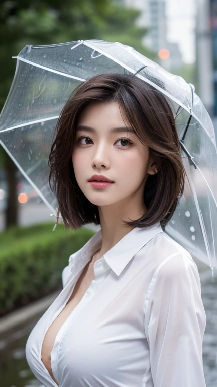 ((Best Quality, 8K, Masterpiece: 1.3)), Sharp: 1.2, Perfect Body Beauty: 1.4, Slim Abs: 1.2, ((Layered Hairstyle, Big Breasts: 1.2)), (Wet White Button Long Shirt: 1.1), (Rain, Street: 1.2), Wet: 1.5, 1 boy, male focus, Highly detailed face and skin texture, detailed eyes, double eyelids, side face looking at the camera