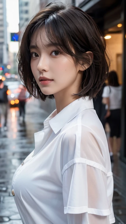 ((Best Quality, 8K, Masterpiece: 1.3)), Sharp: 1.2, Perfect Body Beauty: 1.4, Slim Abs: 1.2, ((Layered Hairstyle, Big Breasts: 1.2)), (Wet White Button Long Shirt: 1.1), (Rain, Street: 1.2), Wet: 1.5, 1 boy, male focus, Highly detailed face and skin texture, detailed eyes, double eyelids, side face looking at the camera