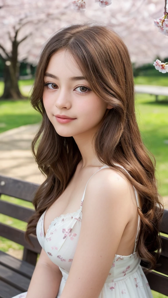 A girl sitting quietly on a park bench, Soak up the peaceful atmosphere, Captured in ultra-detail, oil painting style image. She is very beautiful, highly detailed eyes, Luscious lashes, stare quietly into the distance, Reflects a calm and contented expression. Her plump breasts, perfectly formed lips, incredibly detailed, Gently curve into a small smile. Complex texture, The long curls of her hair flow around her shoulders、Flows down the back, Surrounding Japanese cherry blossoms and soft wood々blends into。, HDR lighting. The scene is filled with faint things, The soothing sounds of birds chirping nearby、