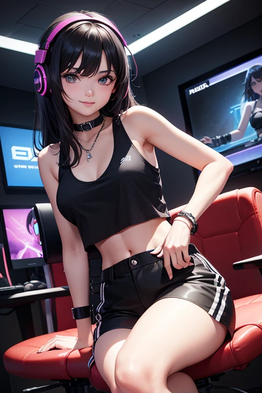 maximum quality, superior image quality, masterpiece, 1 girl, 18 years old, black tank top, navel, black shorts, medium breasts, black hair, medium hair, brown eyes, happiness, chain accessories, black bracelet on wrist, sitting a chair, a smile, wearing gaming headset, leaning towards the audience, high quality, visual art, background, neon colored room, gaming PC, gaming table, gaming chair, bedding set, gaming console games, night atmosphere, depth, (cyber)..