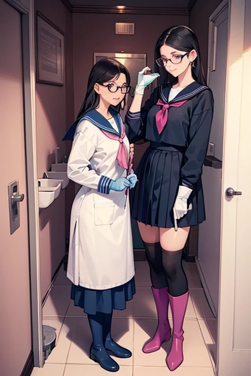 Two mature women with black hair and glasses wearing long sleeves and long skirts and navy blue sailor uniforms cleaning the school toilets while wearing pink rubber gloves and white rubber boots