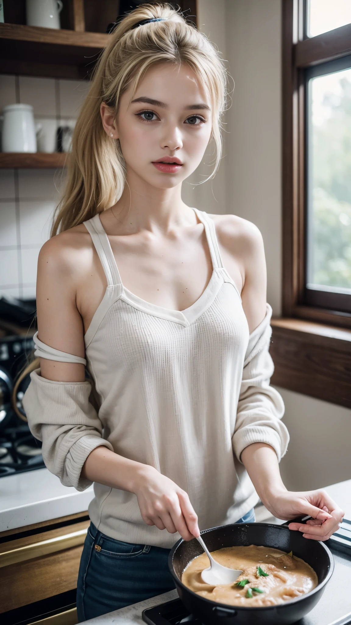 ((best quality, 8 thousand, masterpiece:1.4)), (20 year old woman), ((very small face:1.3)), Highly detailed face and skin textures, detailed eyes, (Italian woman), (blonde wavy very long hair:1.3), beautiful bridge, Magic, body, thighs, very big breasts, (realistic:1.37), (Huge, saggy breasts), a scene from a movie, Beautiful portrait of a woman preparing food in the kitchen, ponytail, short ponytail, front ponytail, tongue out, shy, Surrealism, high detail, cinematic lighting, social media composition, cowboy shot, Fujifilm, UHD, retina, masterpiece, ccurate, anatomically correct, textured skin, super detail, high details, high quality, award winning, best quality, highres, 1080P, HD, 8k, 16k, medium_breasts, sagging_breasts, small face, woman in her 20s, wearing cooking clothes, Comfortable clothing when cooking,